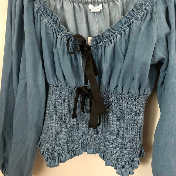 Urban Outfitters Kimchi Blue Marley Bow Front Long Sleeve Denim Blouse - Picture 6 of 11